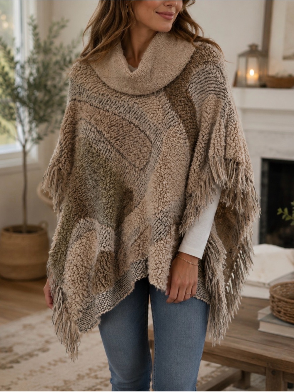 Anthropologie Taupe Fringe Cowl Poncho Sweater